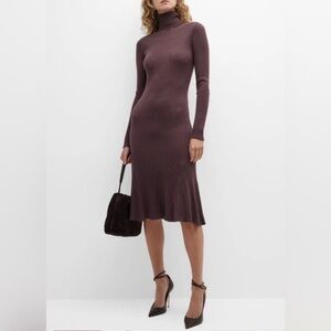 Donna Karan Chocolate Brown Ribbed Turtleneck Midi Dress